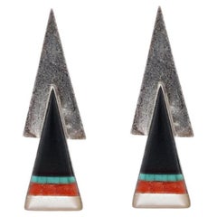 Native American Myron Secakuku Hopi Jet Turquoise Coral Earrings - Sterling 925