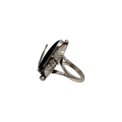 Native American Nakai Sterling Silver Feather Onyx Ring Size 7 1/4 #19110