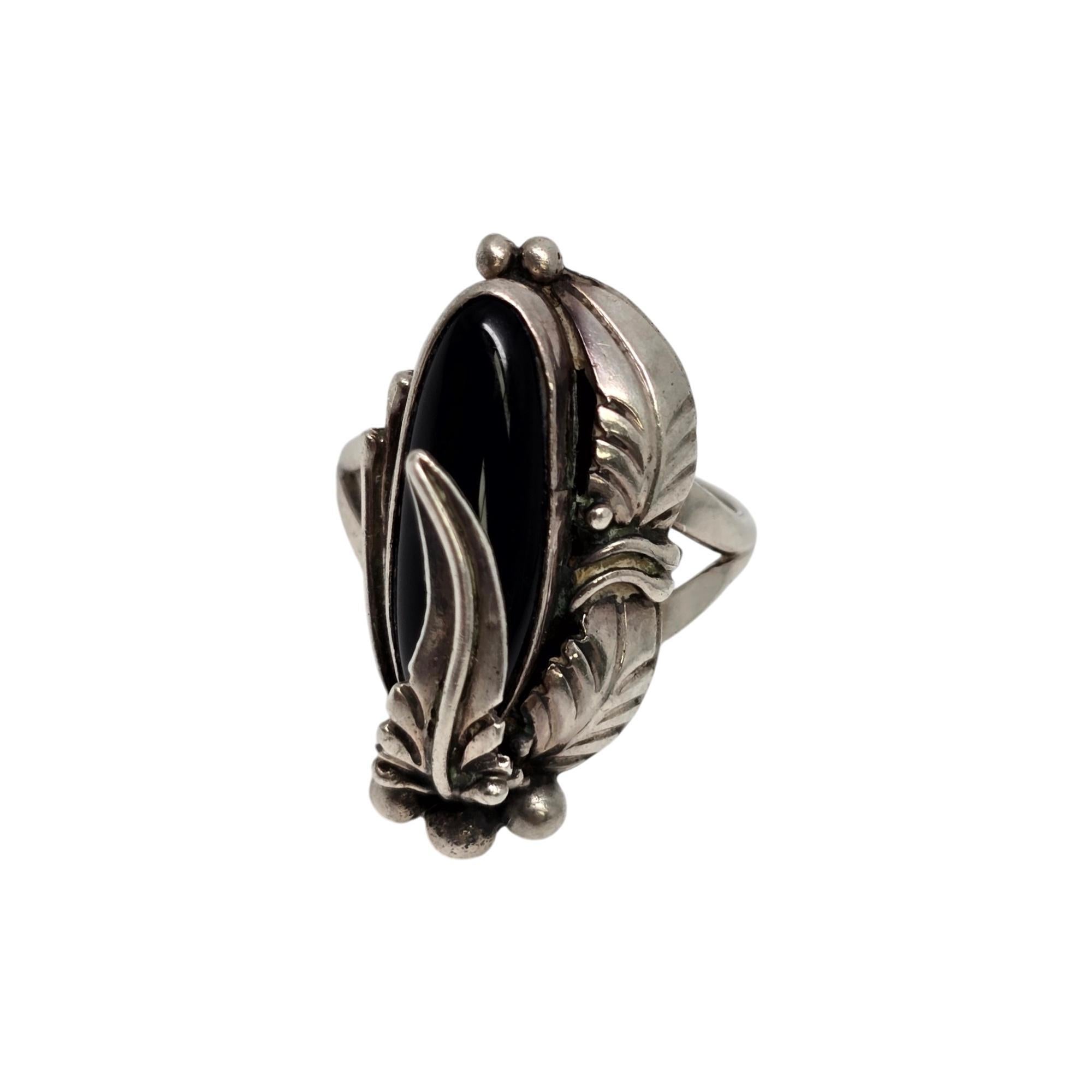 Native American Nakai Sterling Silver Feather Onyx Ring Size 7 1/4 #19110 For Sale 1