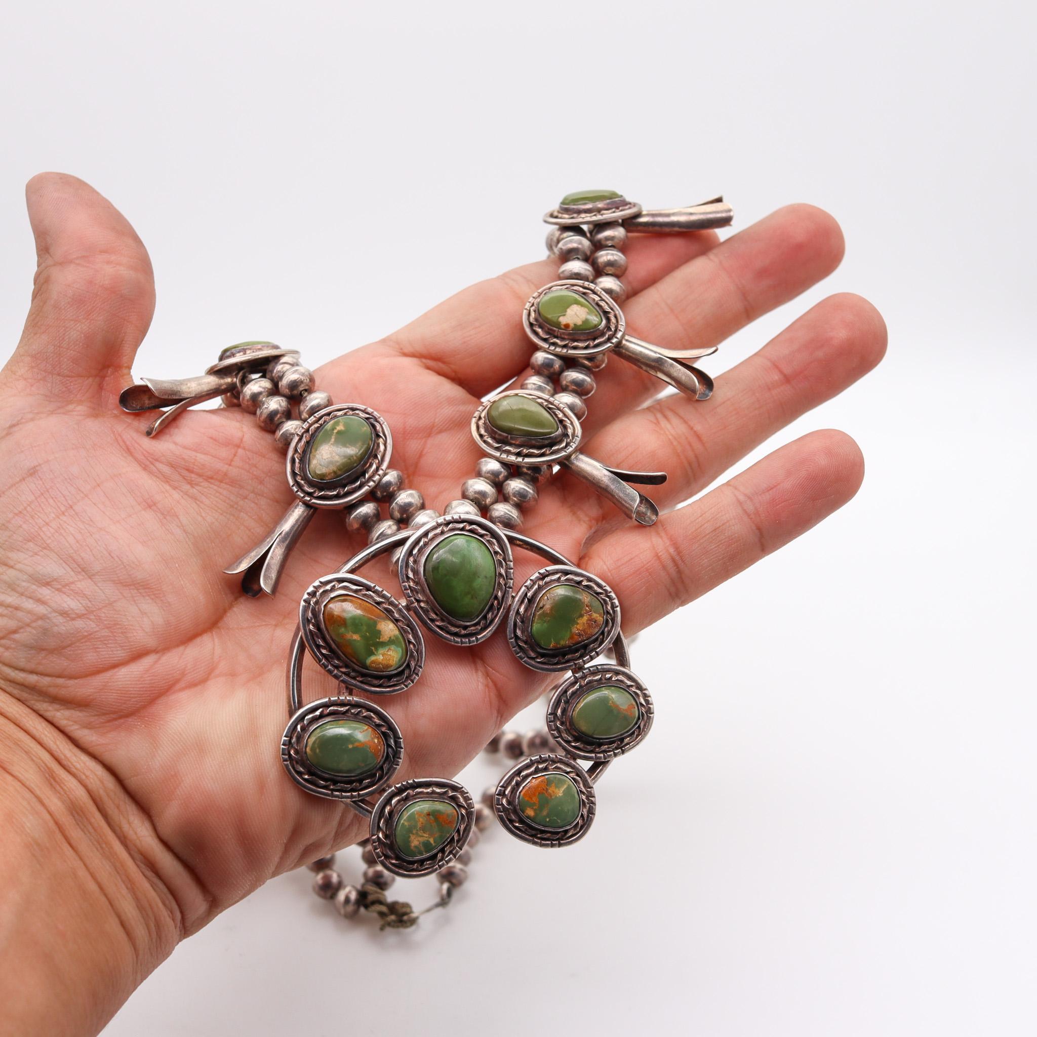 Cabochon Native American Navajo 1950 Squash Blossom Necklace Sterling and Green Turquoise For Sale