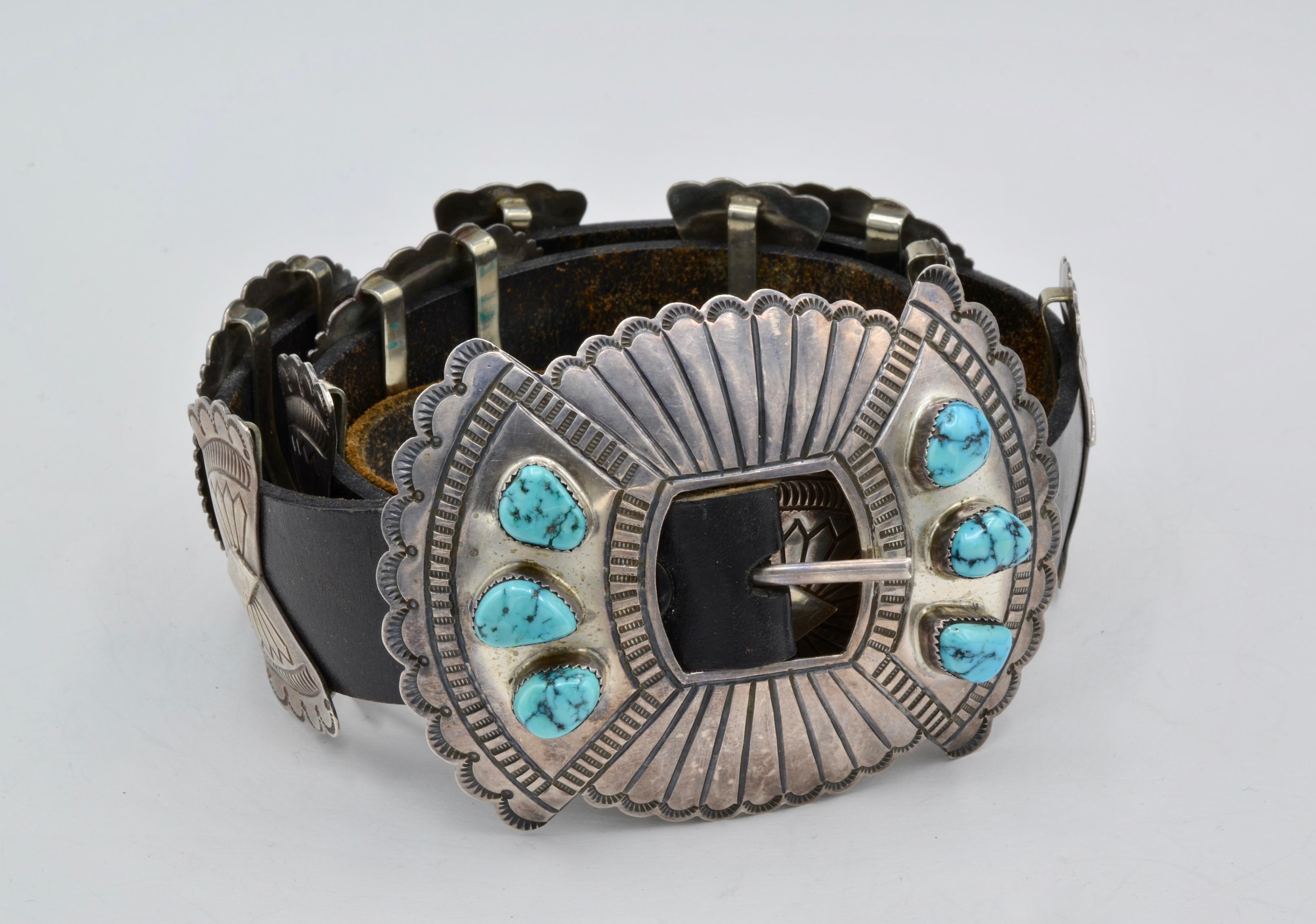 Native American Navajo Concho Belt Silver and Turquoise Susie James In Excellent Condition In Berkeley, CA