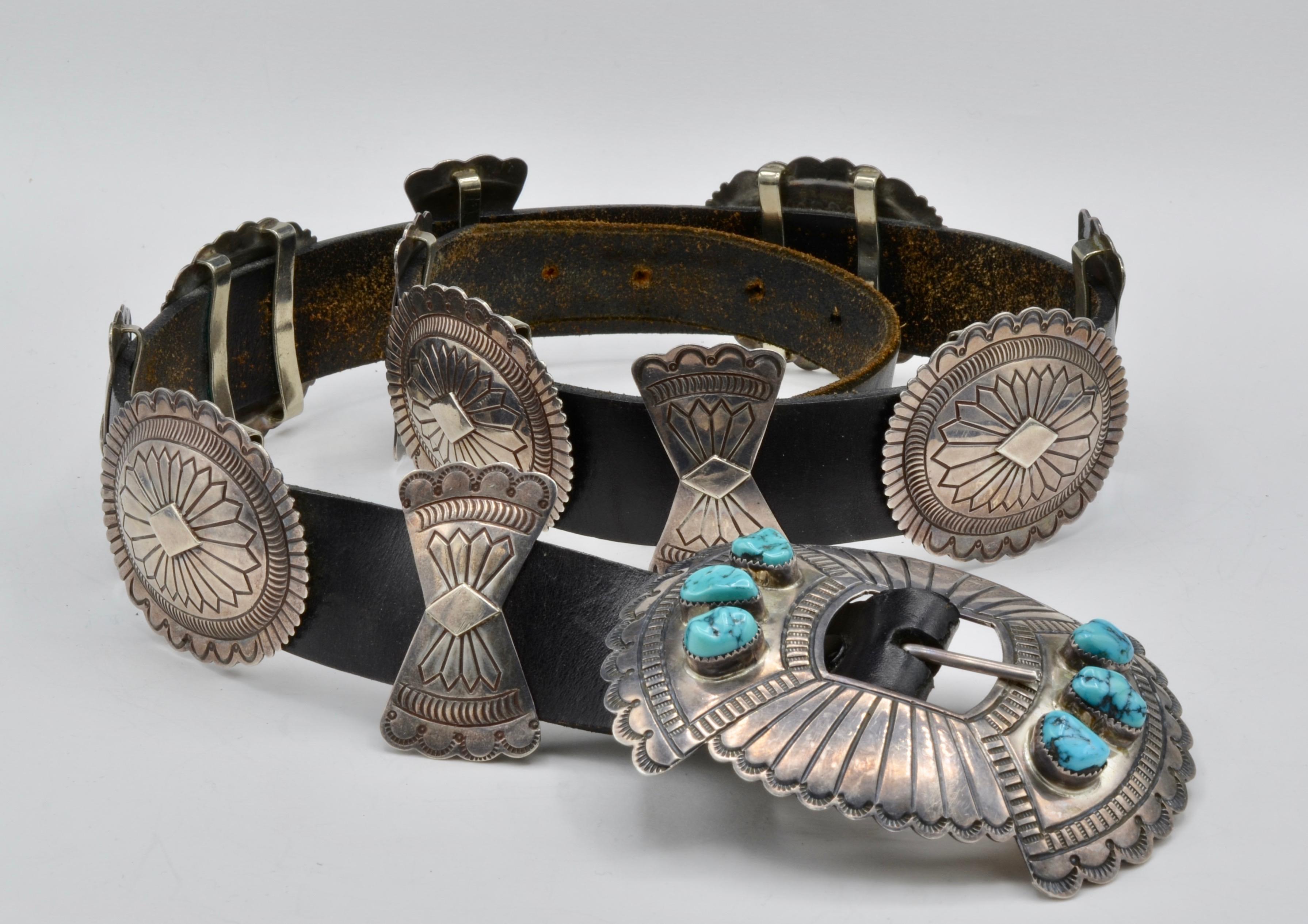 Women's or Men's Native American Navajo Concho Belt Silver and Turquoise Susie James