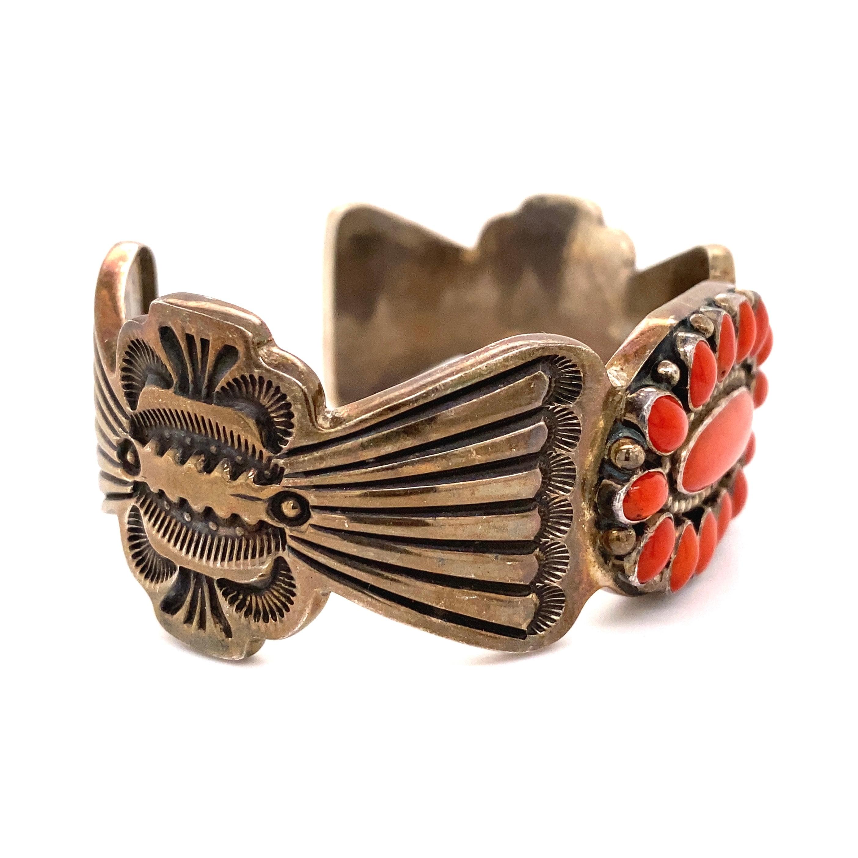 Highly desirable Very Fine Large Native American Navajo Coral Beautifully detailed sterling silver cuff bracelet. Hand set with Coral. Signed ERB. Approx. Dimensions: 2.30” L x 2.91” W x 1.31” H.  Hand crafted in 925 Sterling Silver. More Beautiful
