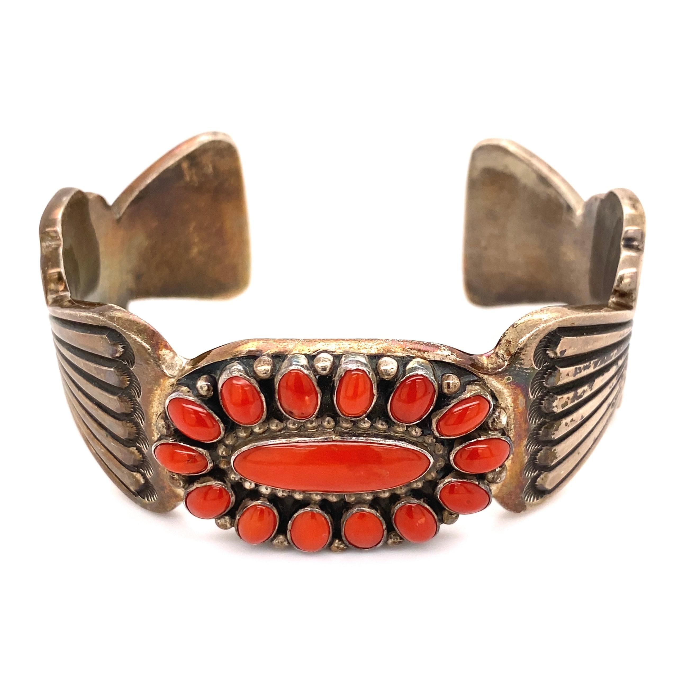 Modernist Native American Navajo Coral Signed ERB 925 Sterling Silver Cuff Bracelet