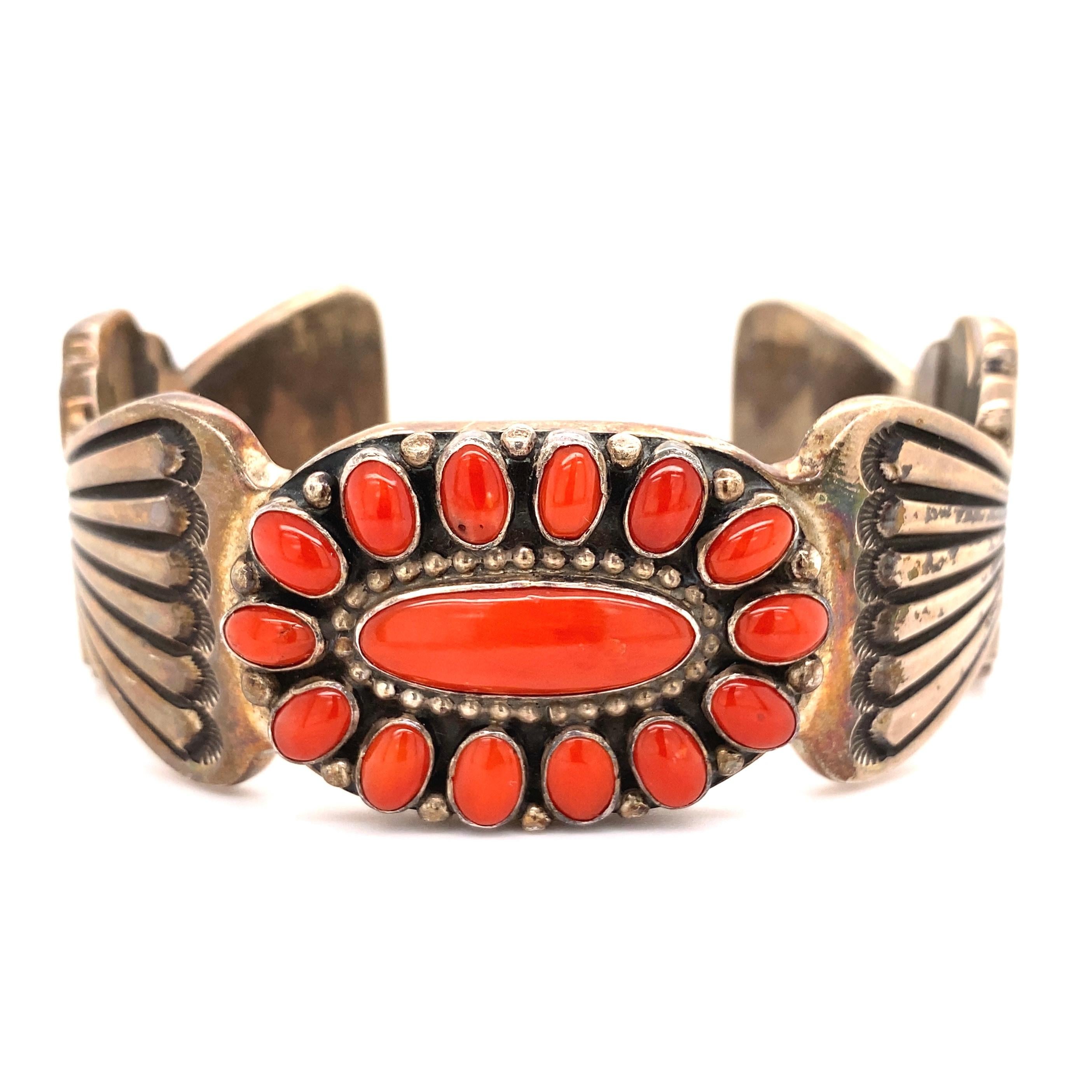 Women's Native American Navajo Coral Signed ERB 925 Sterling Silver Cuff Bracelet