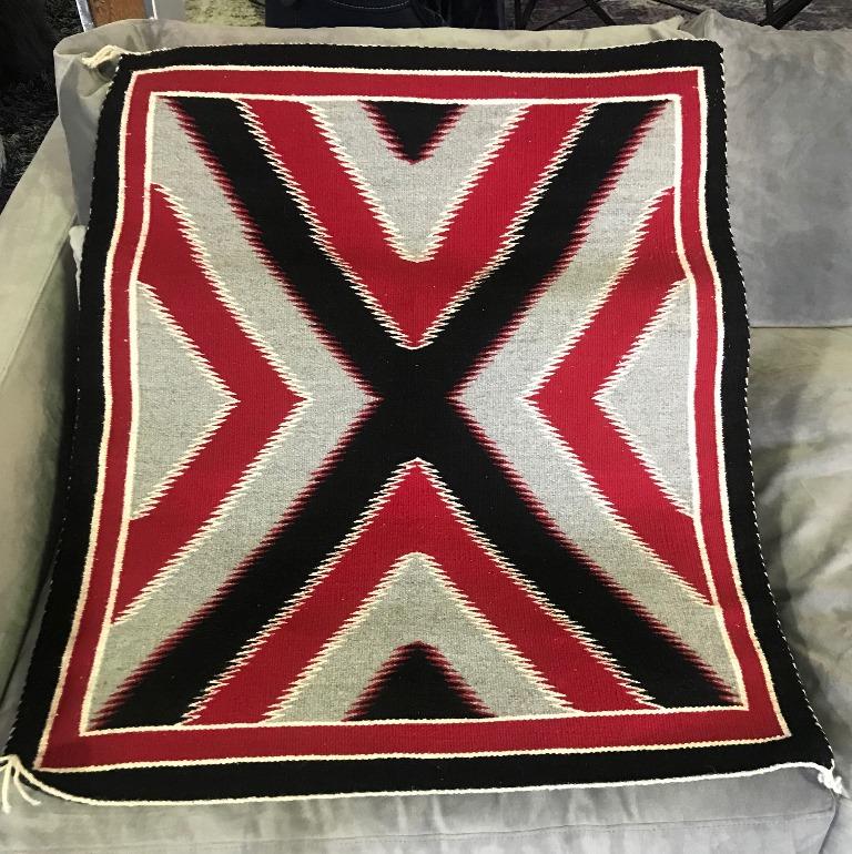 Hand-Woven Native American Navajo Handwoven Red, Grey, Black X-Pattern Rug Blanket