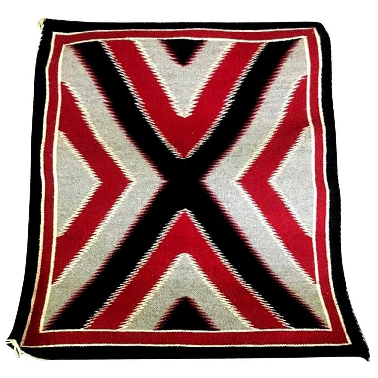 Native American Navajo Handwoven Red, Grey, Black X-Pattern Rug Blanket