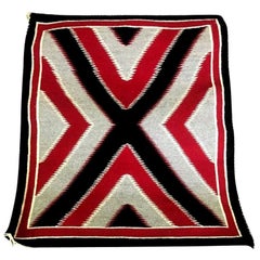 Antique Native American Navajo Handwoven Red, Grey, Black X-Pattern Rug Blanket