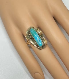 Native American Navajo Indian Turquoise 14K Gold Ring Feather Leaf Flower Motif