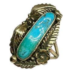 Native American Navajo Indian Turquoise 14K Gold Ring Feather Leaf Flower Motif