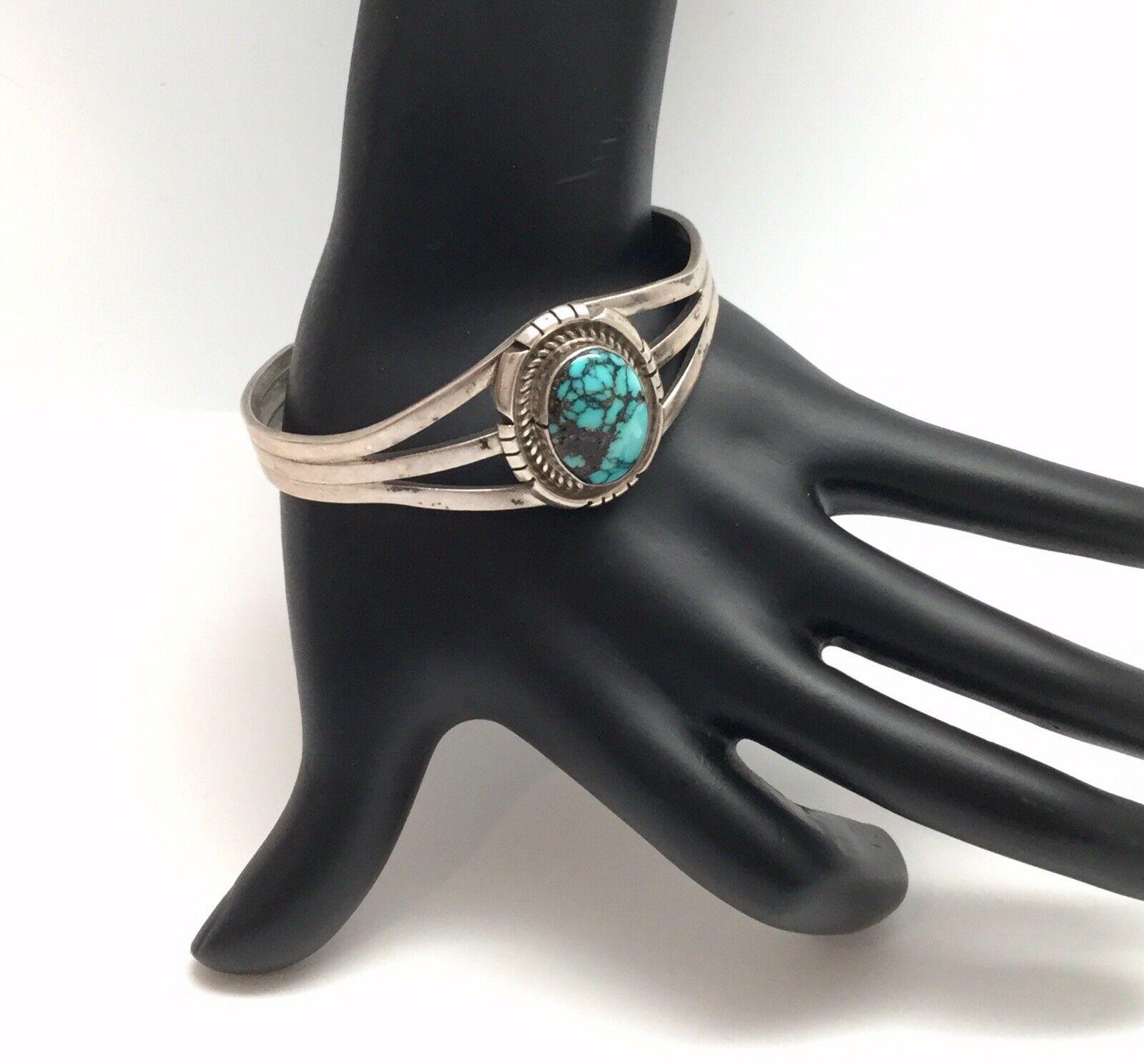 Native American Navajo Johnny Johnson Sterling Silver Turquoise Cuff Bracelet In Good Condition In Washington Depot, CT