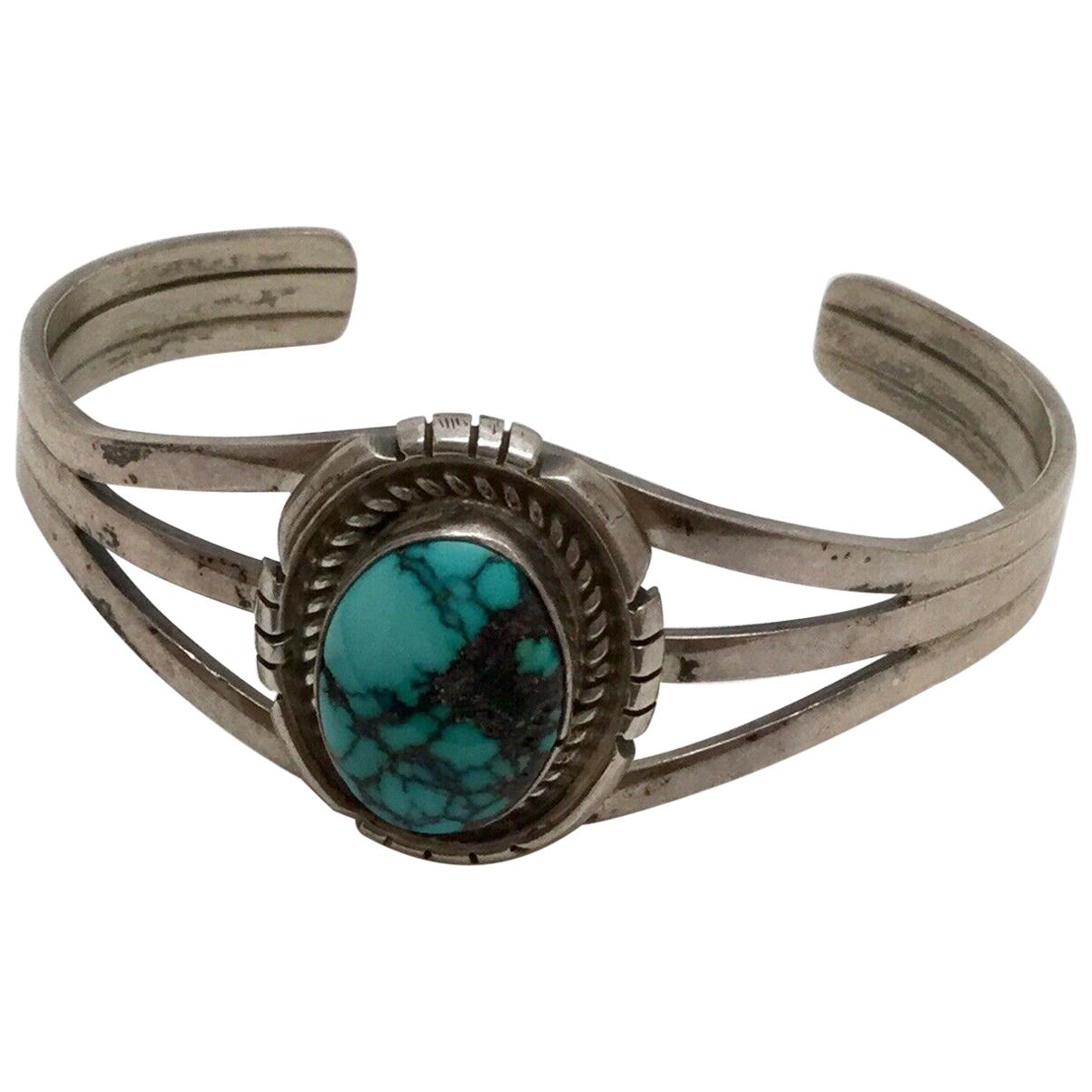 Native American Navajo Johnny Johnson Sterling Silver Turquoise Cuff Bracelet