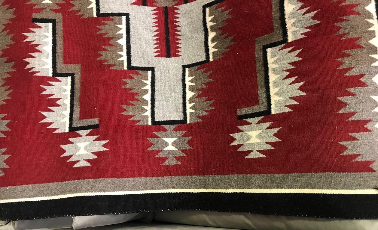 Native American Navajo Large Handwoven Red and Grey Rug Blanket 1