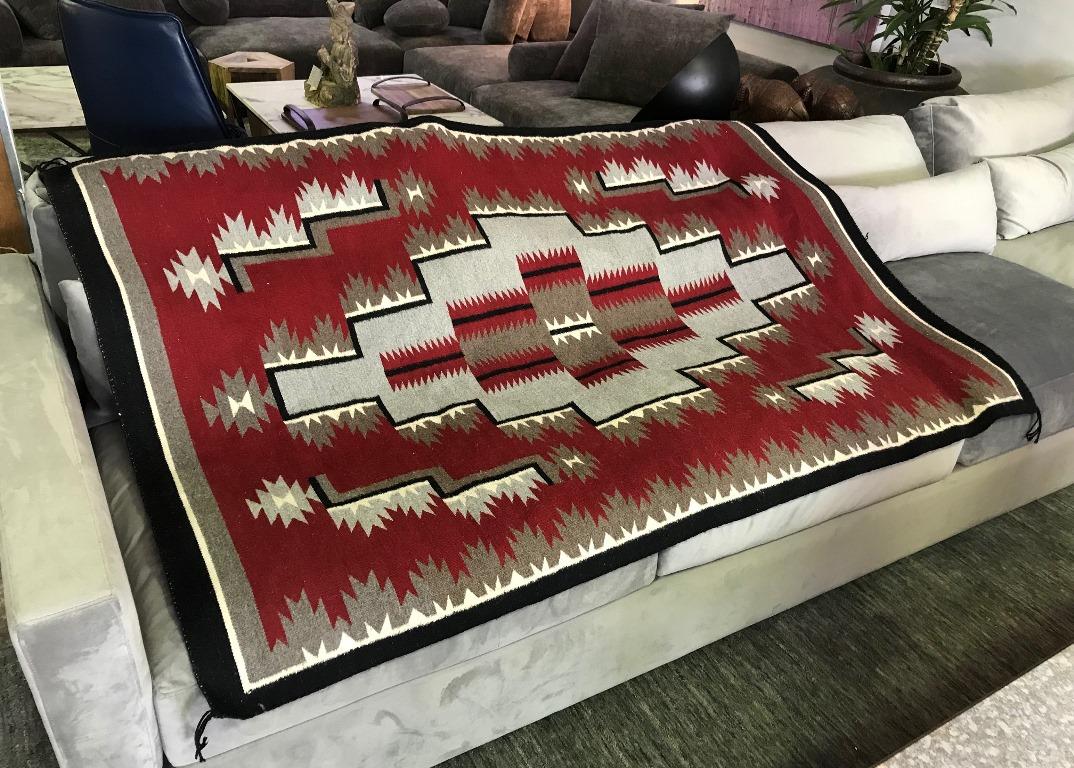 Native American Navajo Large Handwoven Red and Grey Rug Blanket 2