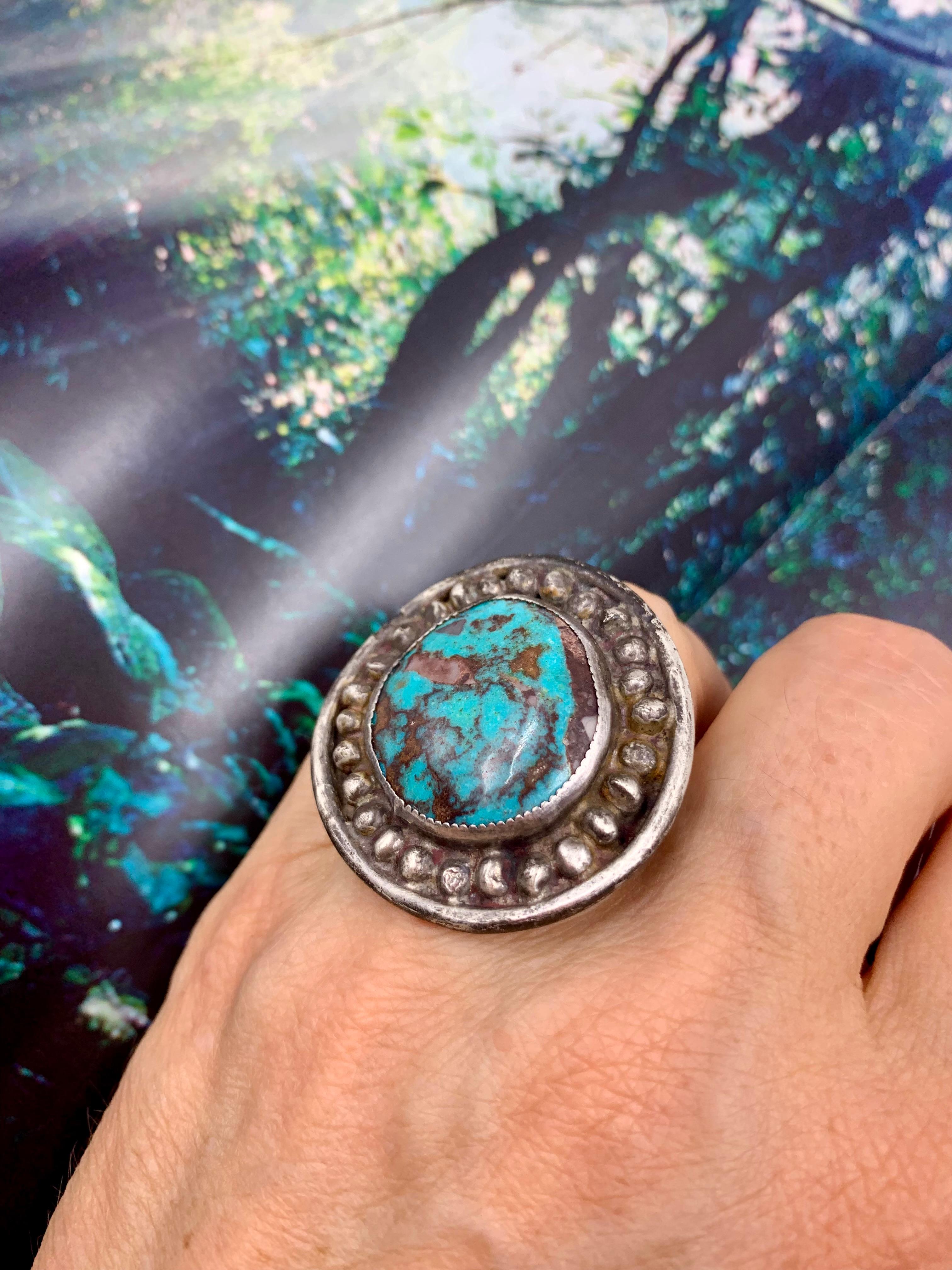 Anillo de plata de ley con turquesa sobredimensionada de los nativos americanos navajo en venta 3