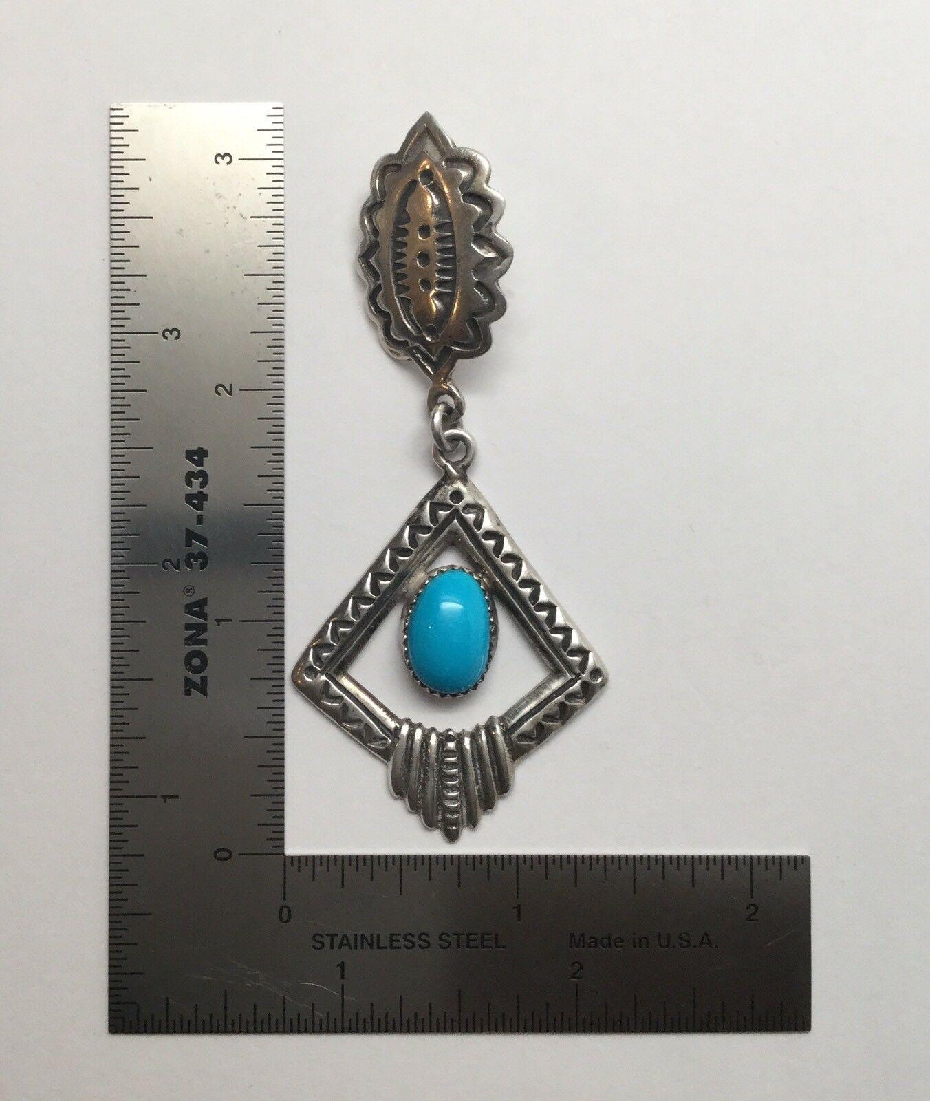 Native American Navajo Randall Tom Sterling Silver Turquoise Dangle Earrings 2