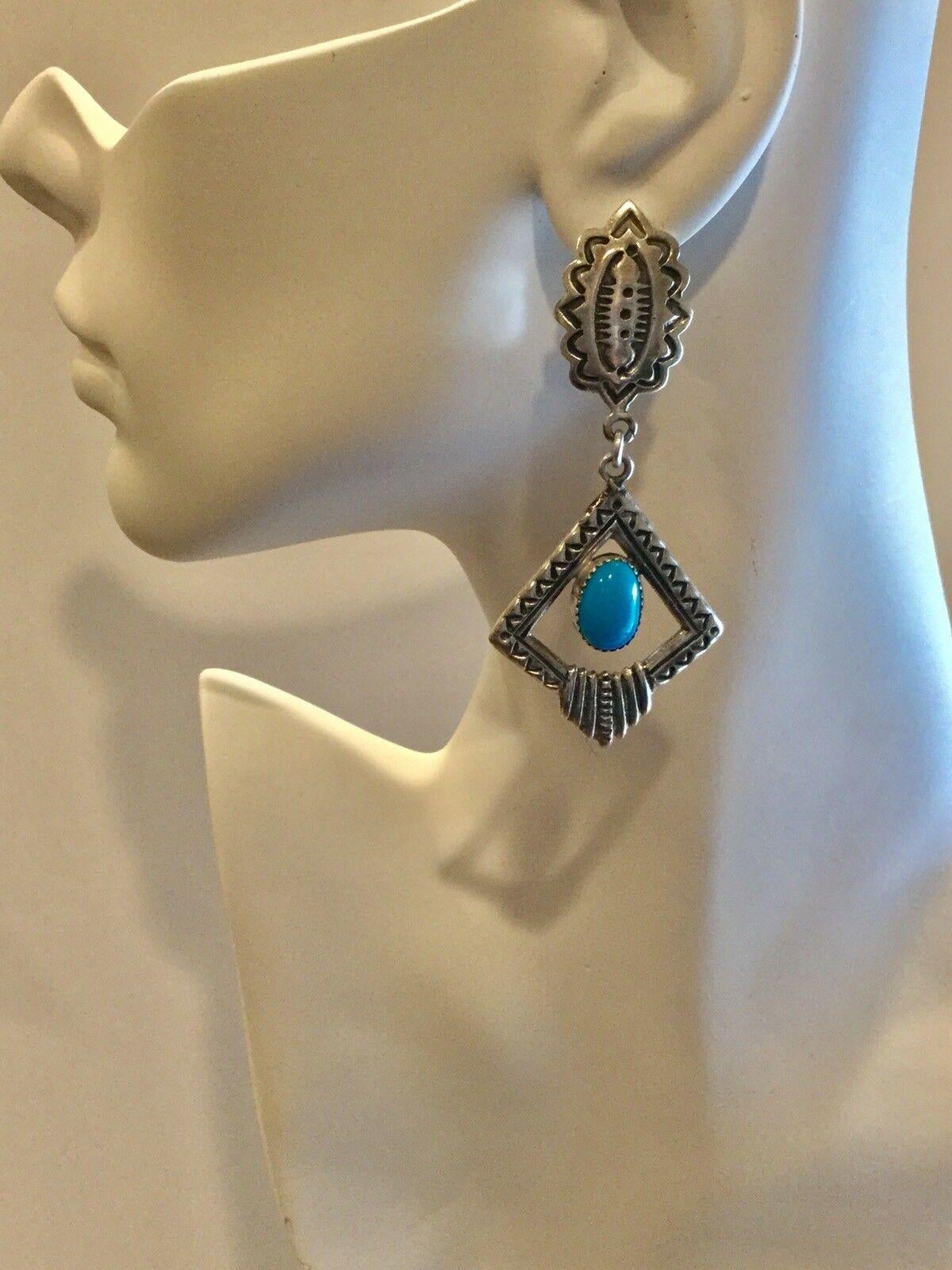 Native American Navajo Randall Tom Sterling Silver Turquoise Dangle Earrings 3