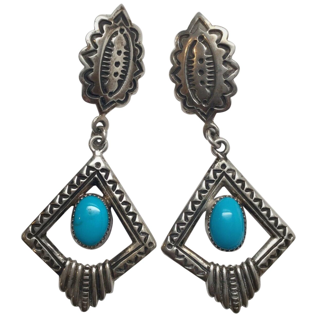 Native American Navajo Randall Tom Sterling Silver Turquoise Dangle Earrings