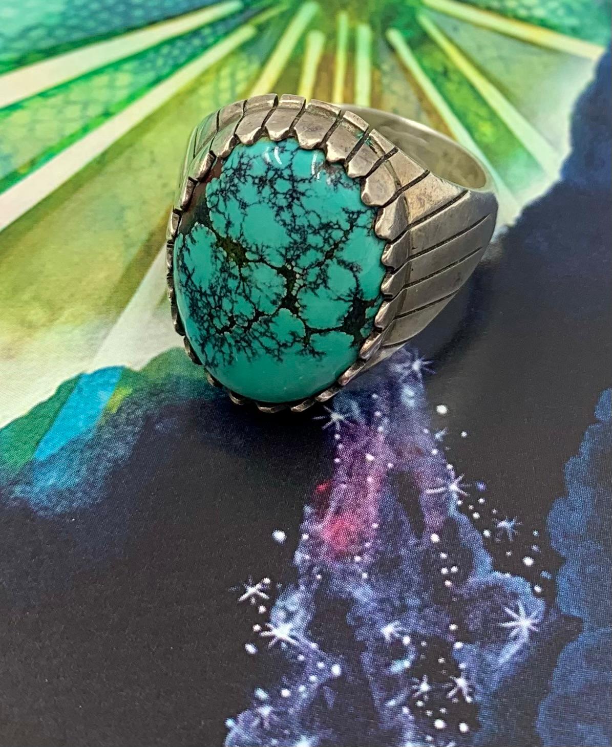 Native American Navajo Ray Jack Kingman Turquoise Sterling Silver Signet Ring For Sale 7