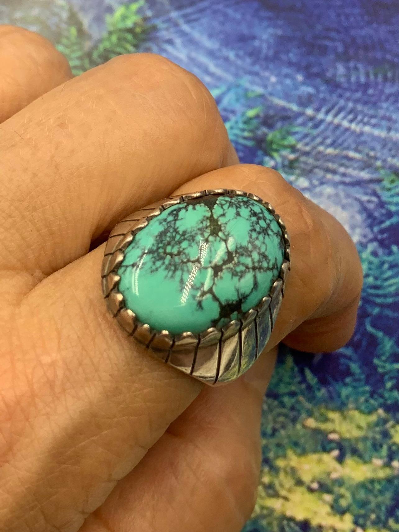 Cabochon Native American Navajo Ray Jack Kingman Turquoise Sterling Silver Signet Ring For Sale