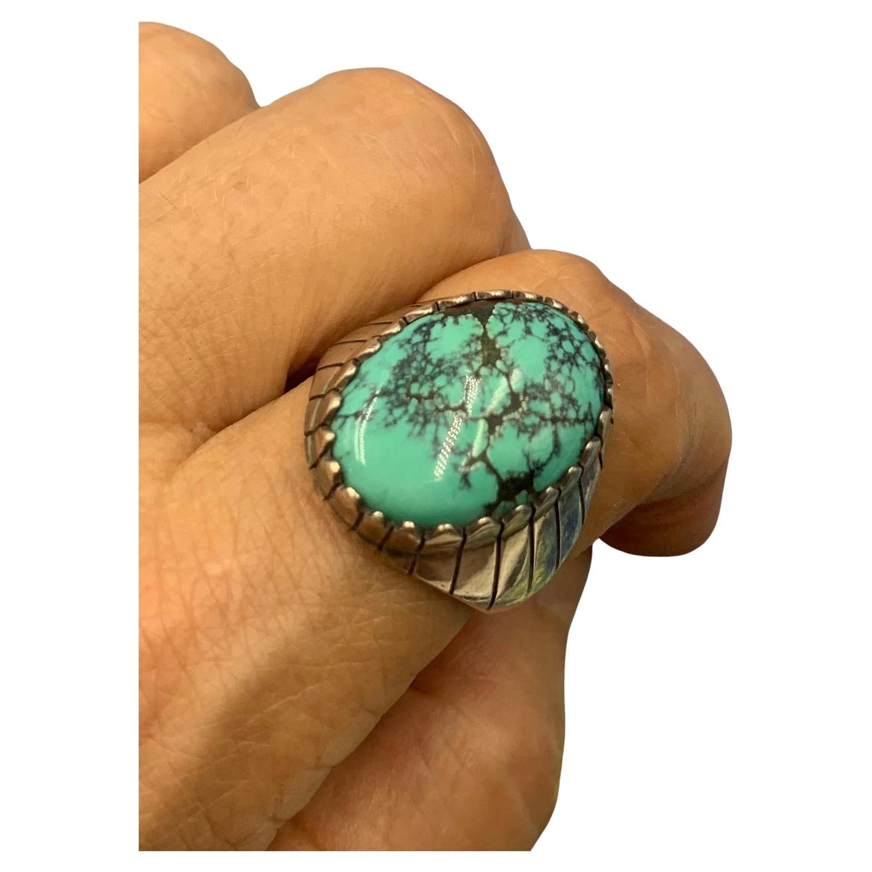 Native American Navajo Ray Jack Kingman Turquoise Sterling Silver Signet Ring For Sale