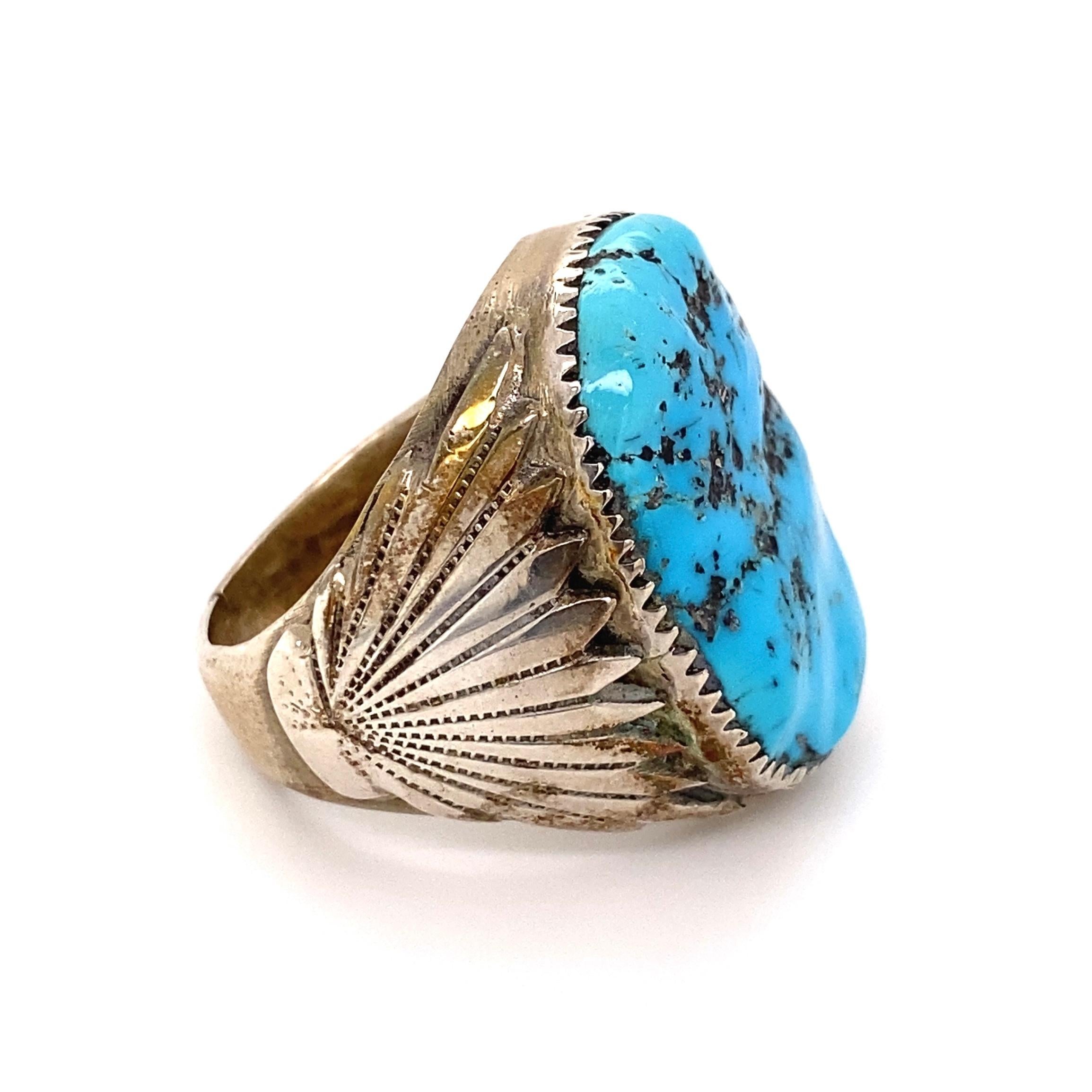 Awesome highly desirable Native American Navajo Signed RLB Designer 925 sterling silver men’s ring, centering a large Turquoise nugget in beautifully Hand crafted Sterling Silver frame. Measuring approx. 1.26” l x 1.12” w x 1.17” h. Ring size 13, we