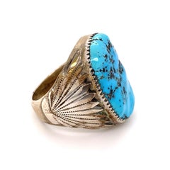 Native American Navajo Signed RLB Men's Turquoise Nugget Sterling Silver Ring