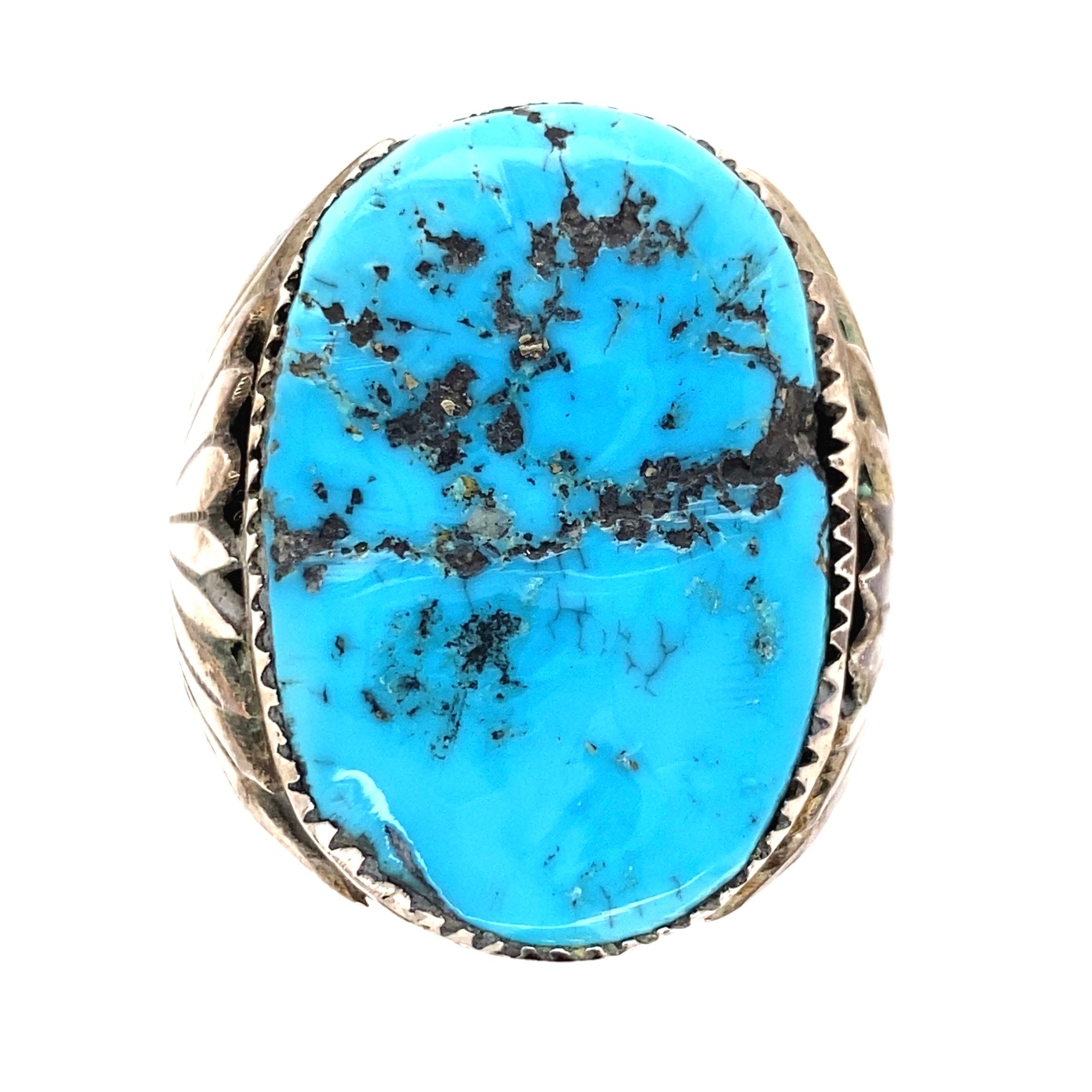 Modernist Native American Navajo Signed RLB Men's Turquoise Nugget Sterling Silver Ring