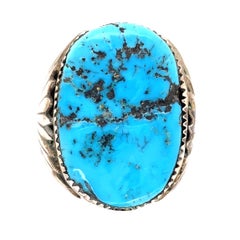 Vintage Native American Navajo Signed RLB Men's Turquoise Nugget Sterling Silver Ring