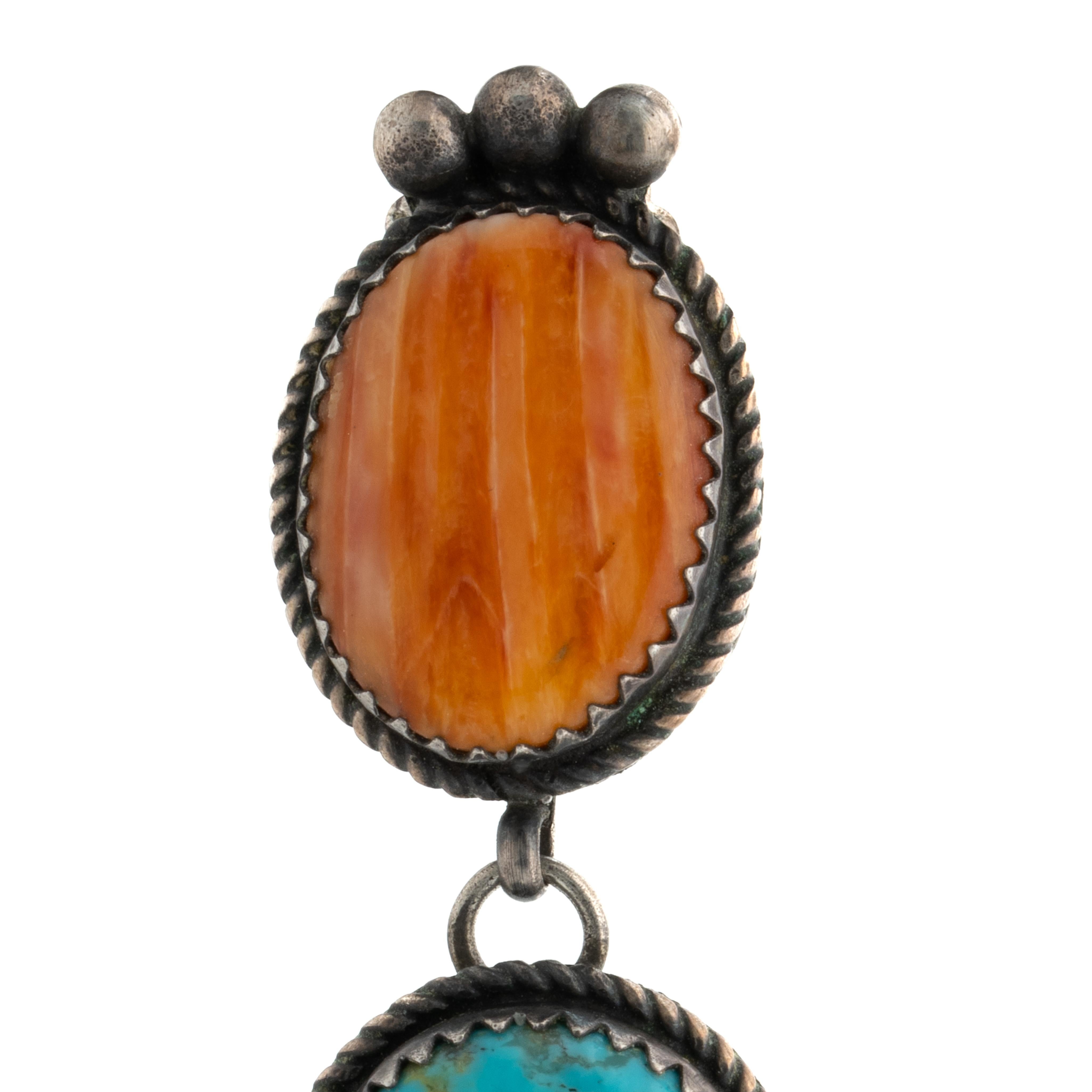 Vintage Native American Navajo Signed Large Silver Double Drop Earrings with Turquoise and Spiny Oyster c.1960s

Length: 1.99