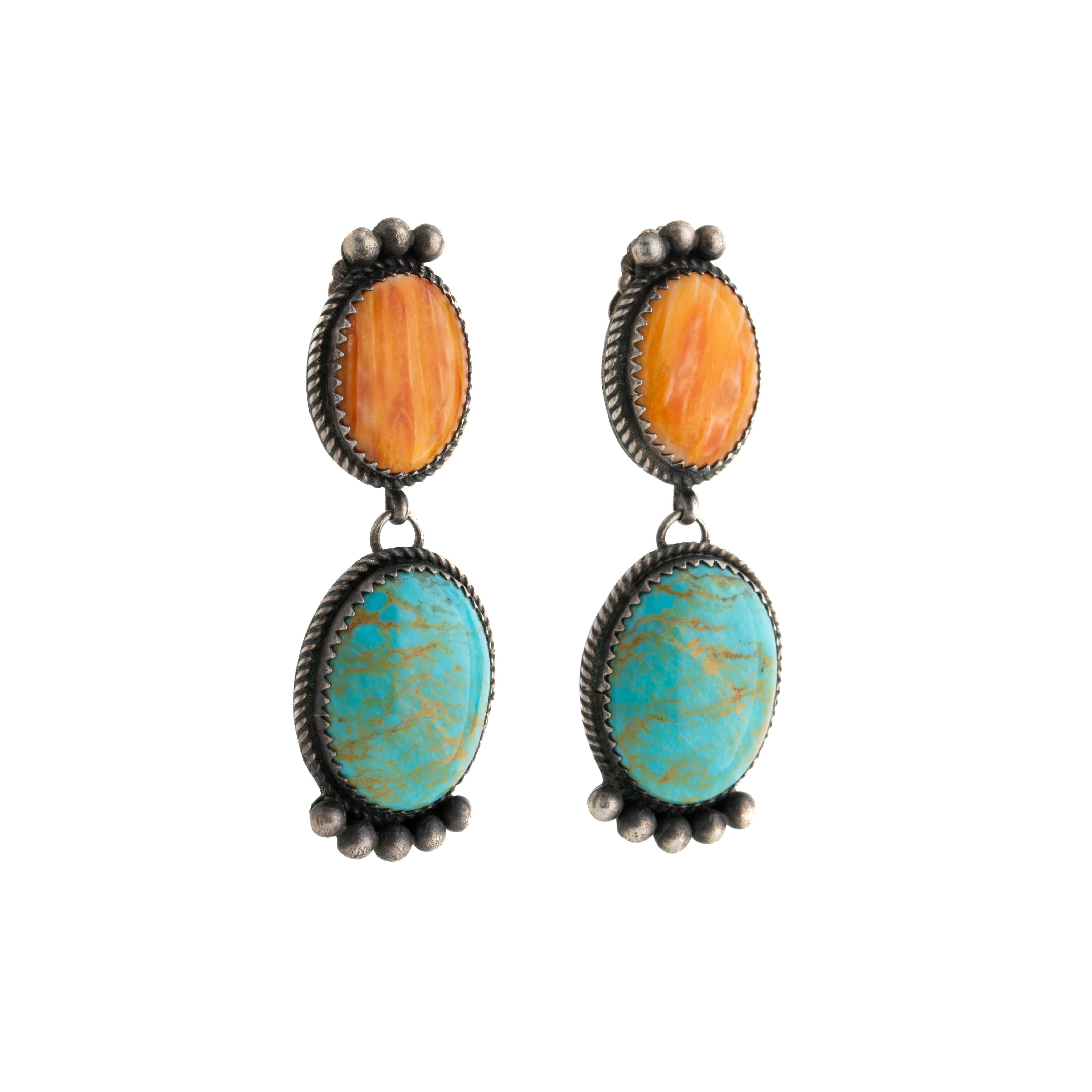 Native American Navajo Silver Double Drop Earrings Turquoise and Spiny Oyster In Good Condition In New York, NY