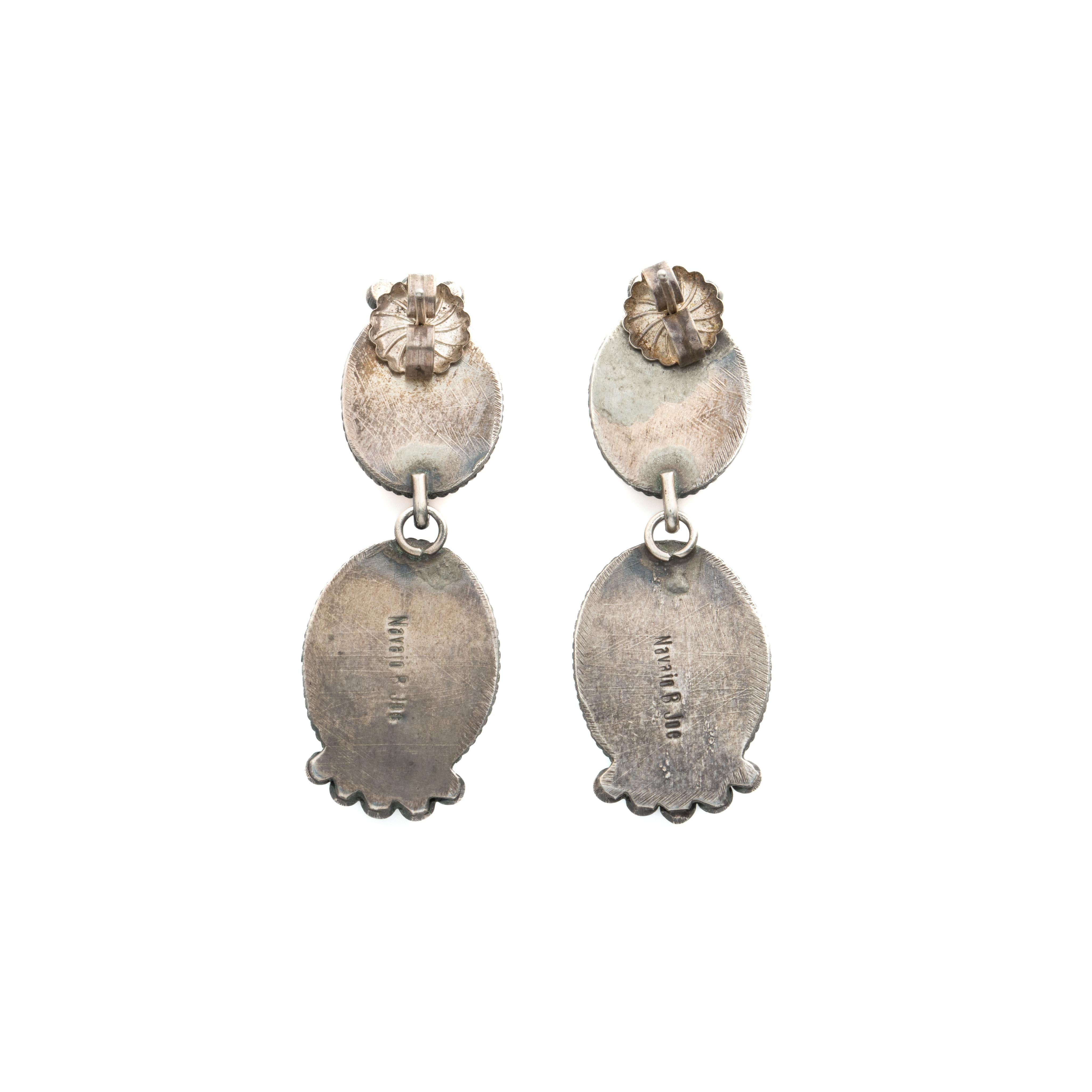 Women's or Men's Native American Navajo Silver Double Drop Earrings Turquoise and Spiny Oyster
