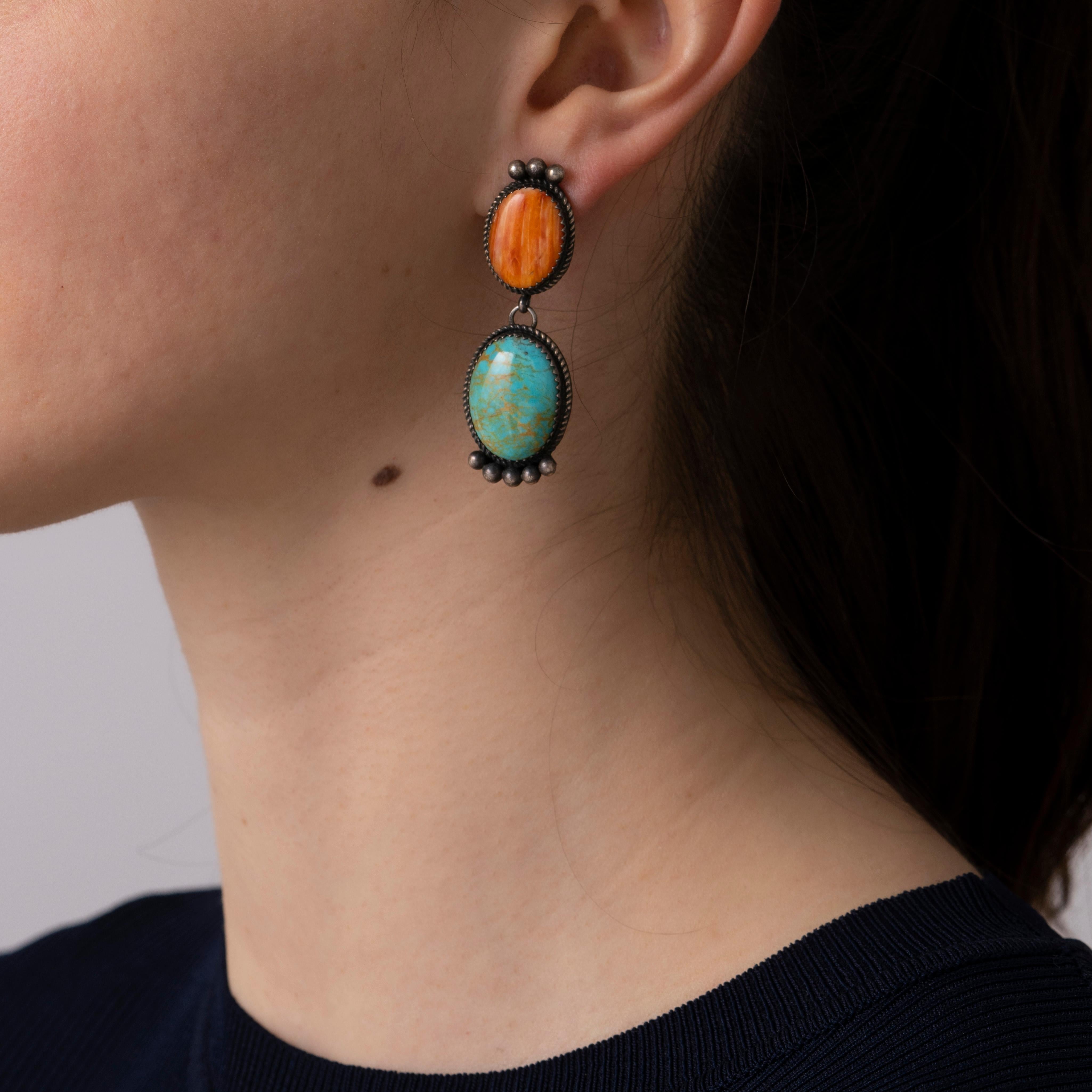 Native American Navajo Silver Double Drop Earrings Turquoise and Spiny Oyster 1