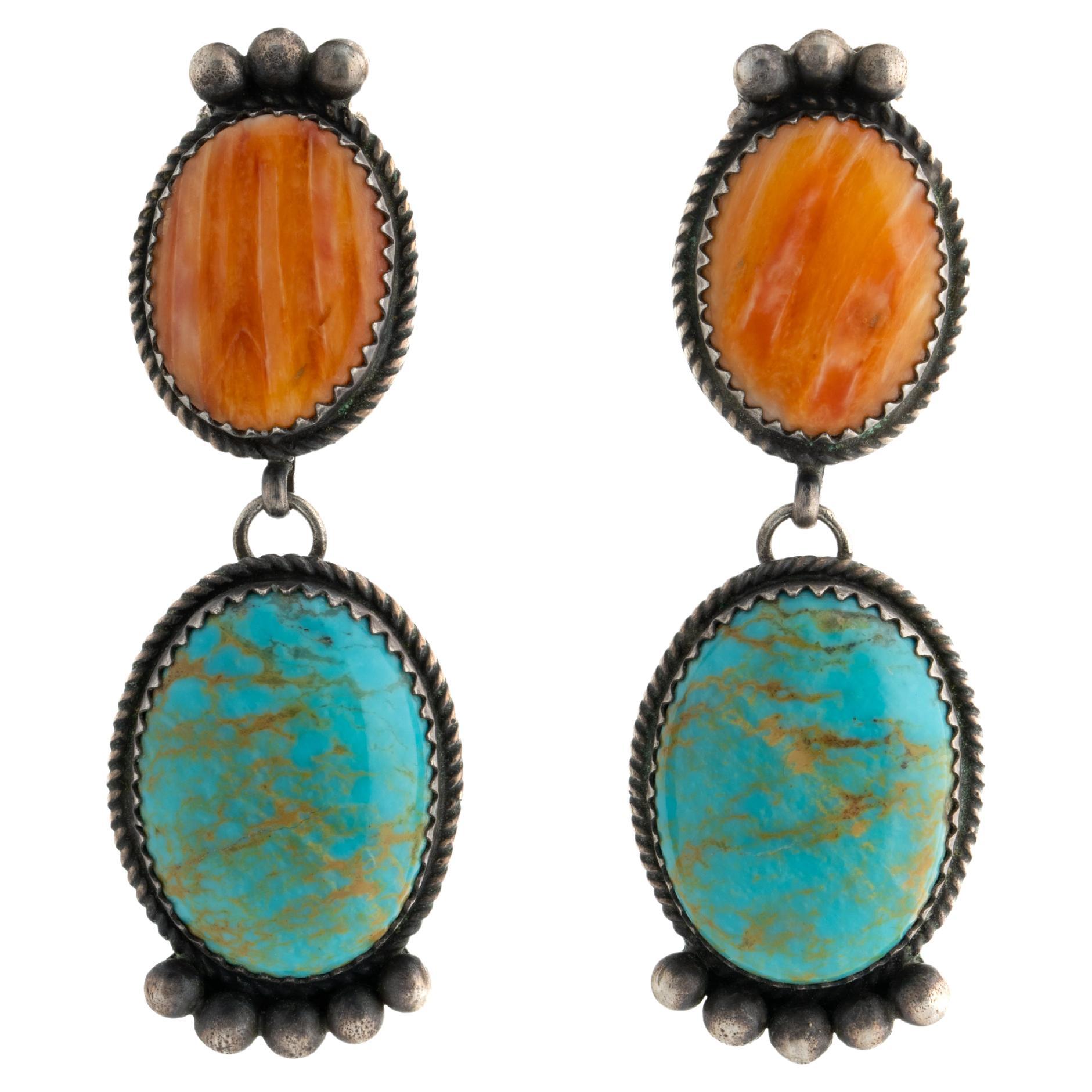 Native American Navajo Jewelry Spiny Oyster & Turquoise Dangle Earrings 