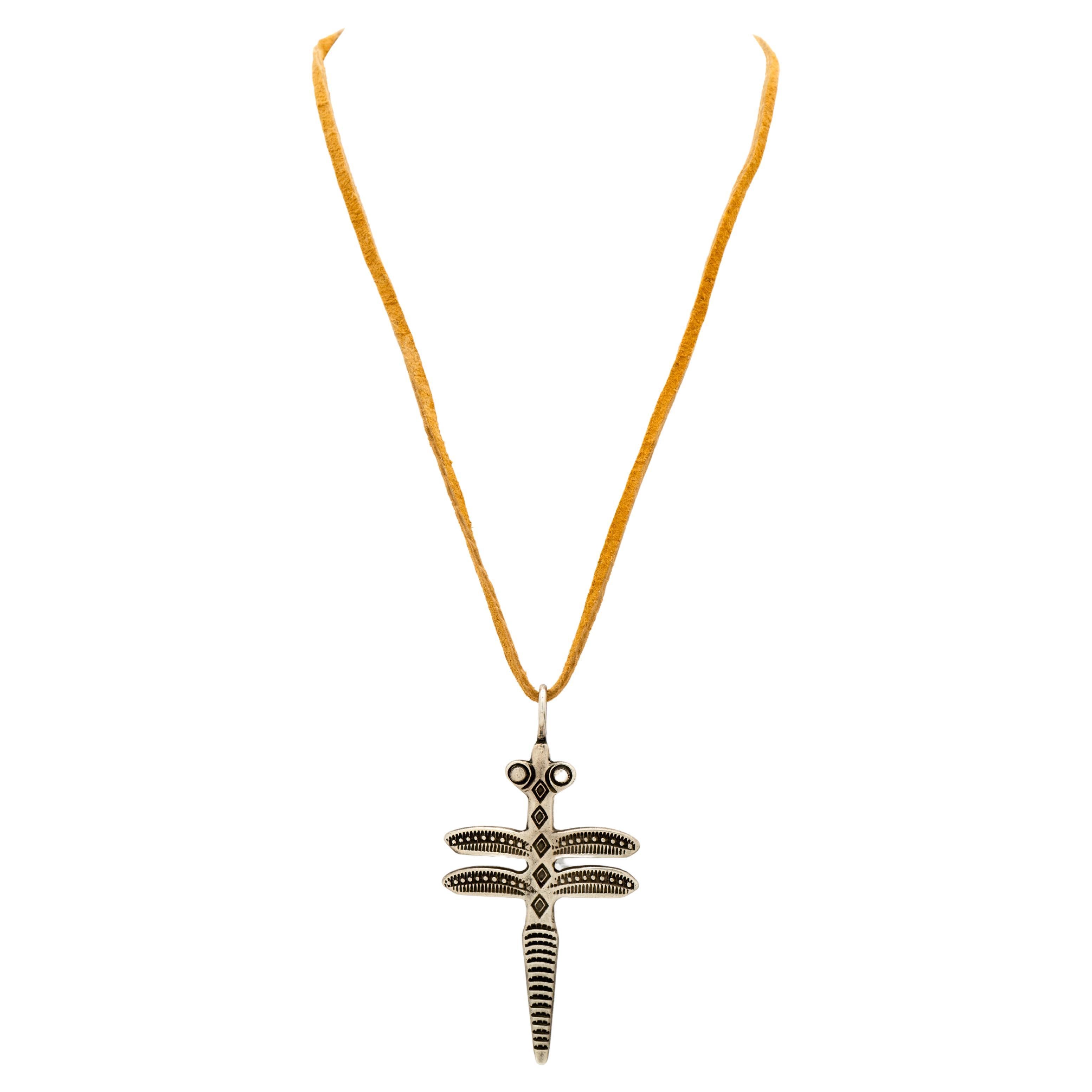 Native American Navajo Silver Dragonfly on Natural Leather  For Sale