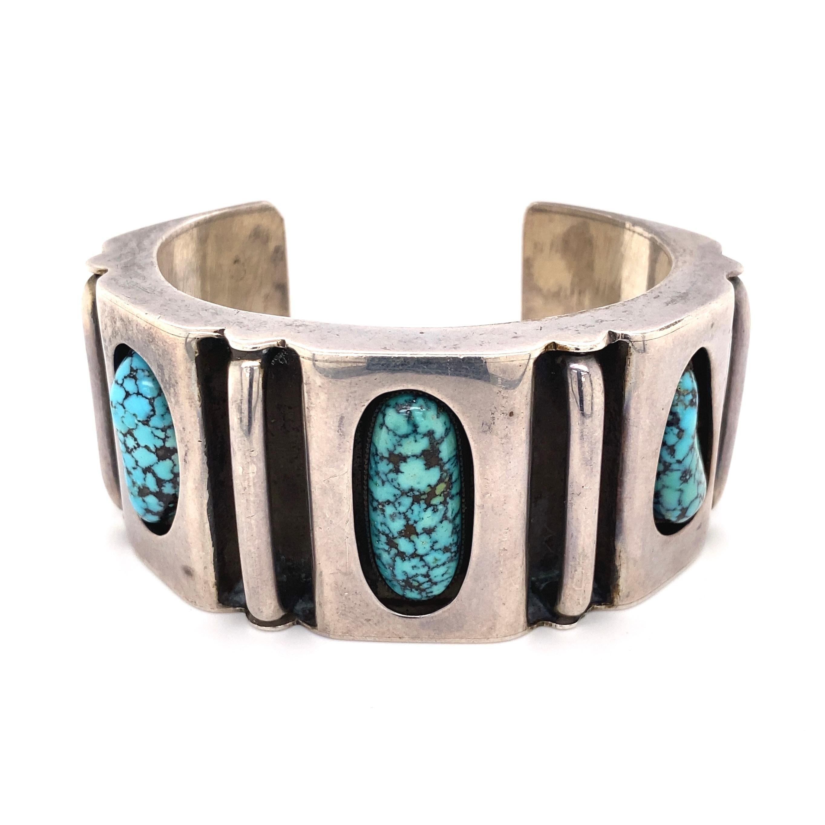 Native American Original Navajo Sterling Silver Genuine Spider Web Turquoise Cuff Bracelet. Hand set with 3 oval Turquoise stones in shadowbox design. Hand crafted Sterling Silver 925; beautifully detailed engraving mounting. More wonderful in real