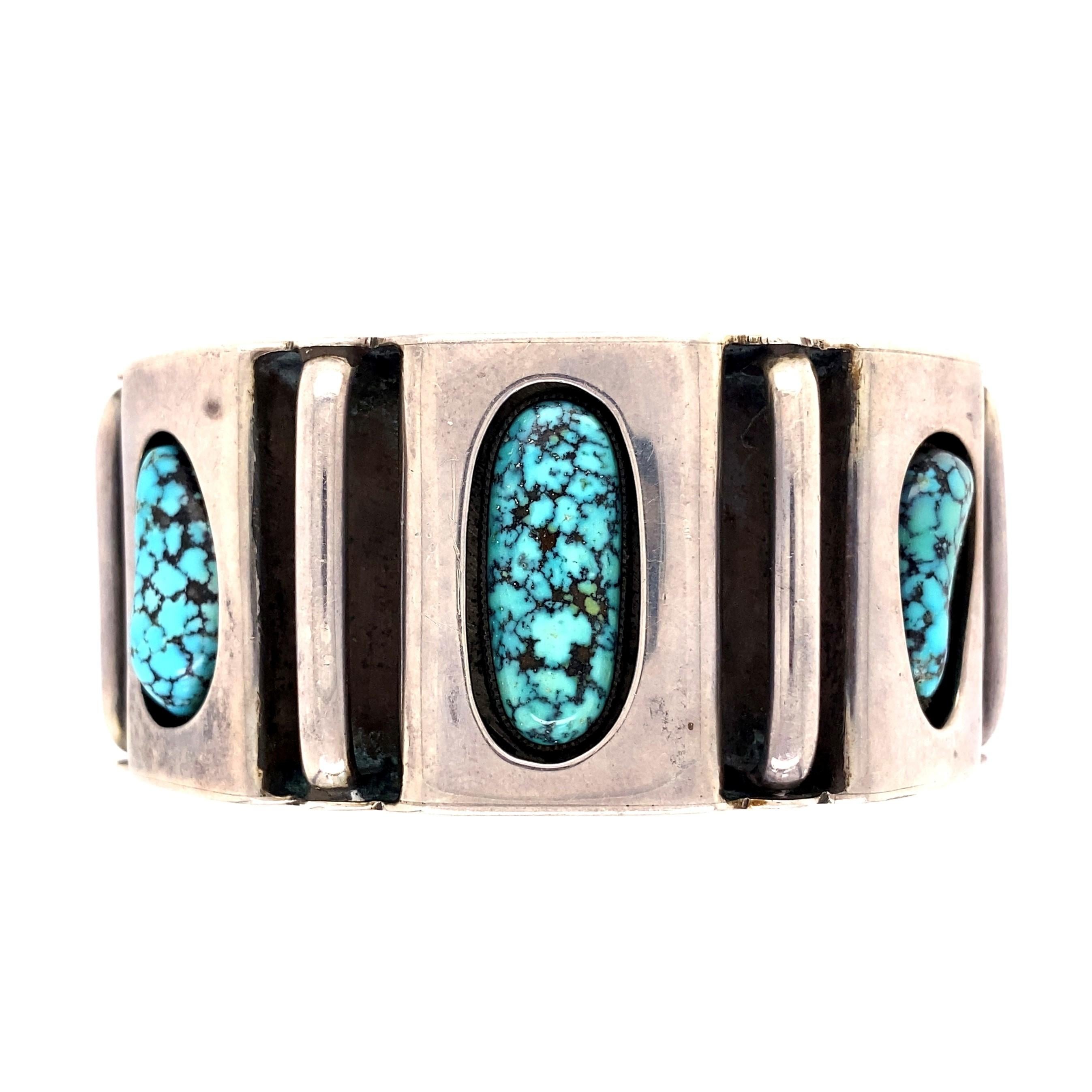 Oval Cut Native American Navajo Spider Web Turquoise Silver 925 Cuff Bracelet
