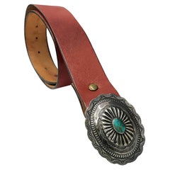 Native American Navajo Sterling Silver and Turquoise Brown Leather Belt