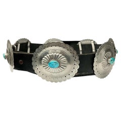 Vintage Native American Navajo Sterling Silver and Turquoise Concho Leather Belt