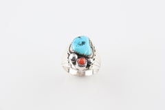 Native American Navajo Sterling Silver Herbert Joe Turquoise & Coral Ring, Sz 10