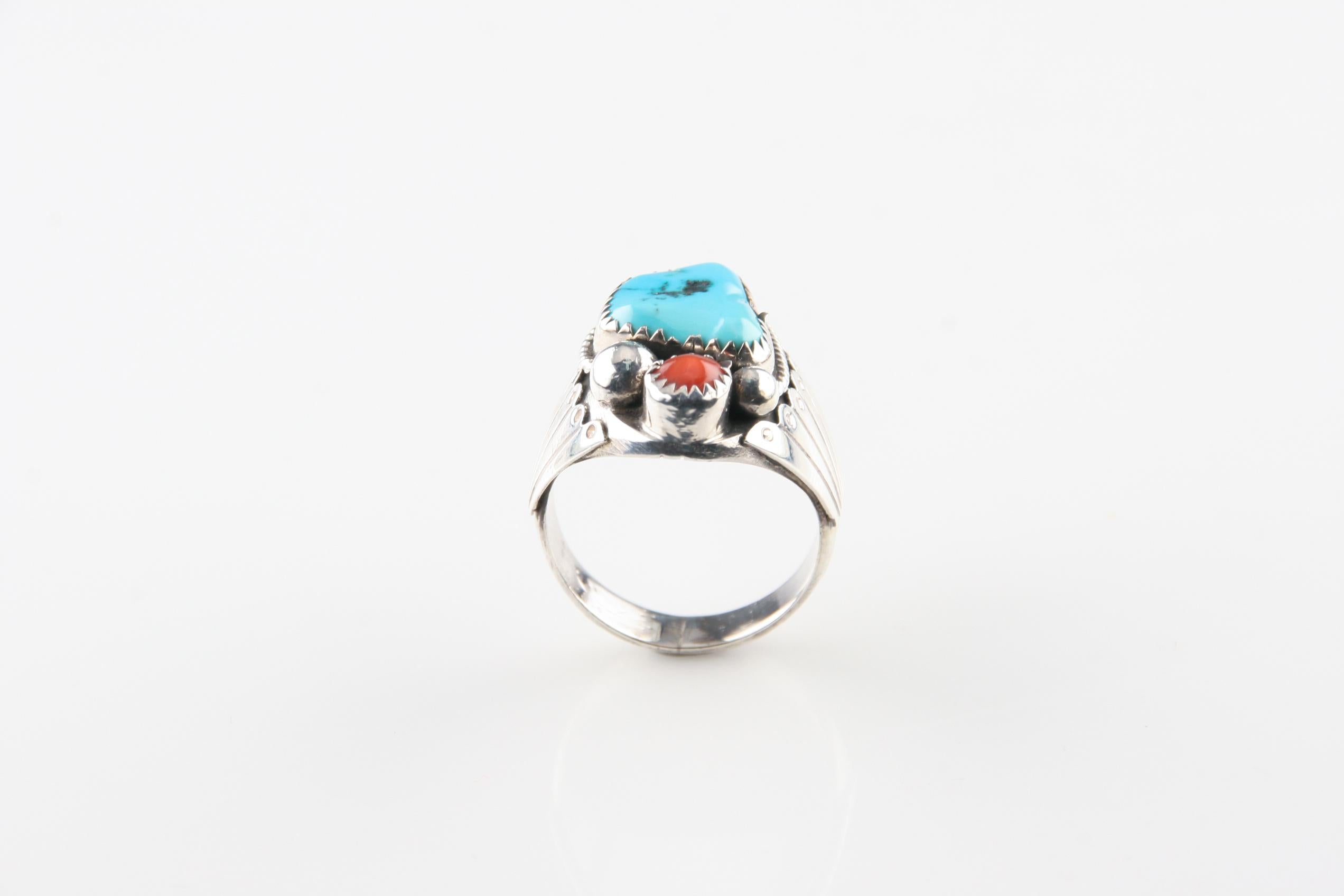 Cabochon Native American Navajo Sterling Silver Herbert Joe Turquoise & Coral Ring, Sz 10 For Sale
