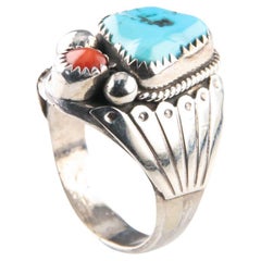 Vintage Native American Navajo Sterling Silver Herbert Joe Turquoise & Coral Ring, Sz 10