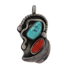 Native American Navajo Sterling Silver Turquoise Coral Pendant - 925 Two-Stone