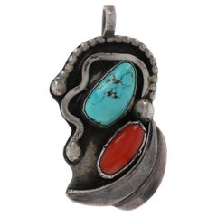 Native American Navajo Sterling Silver Turquoise Coral Pendant - 925 Two-Stone