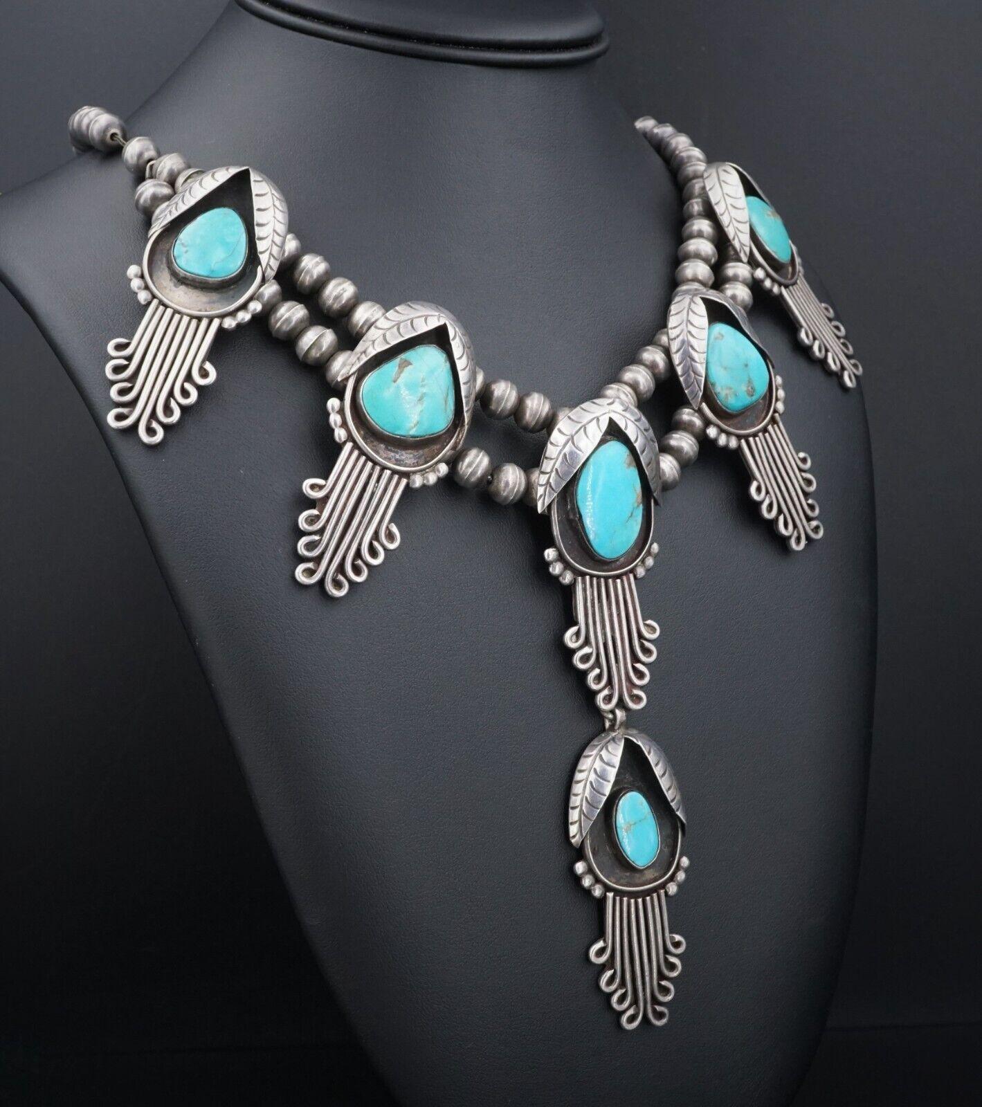 Türkis-Squash-Blumen-Halskette, Navajo-Sterlingsilber, Vintage (Indigene Kunst (Nord-/Südamerika)) im Angebot
