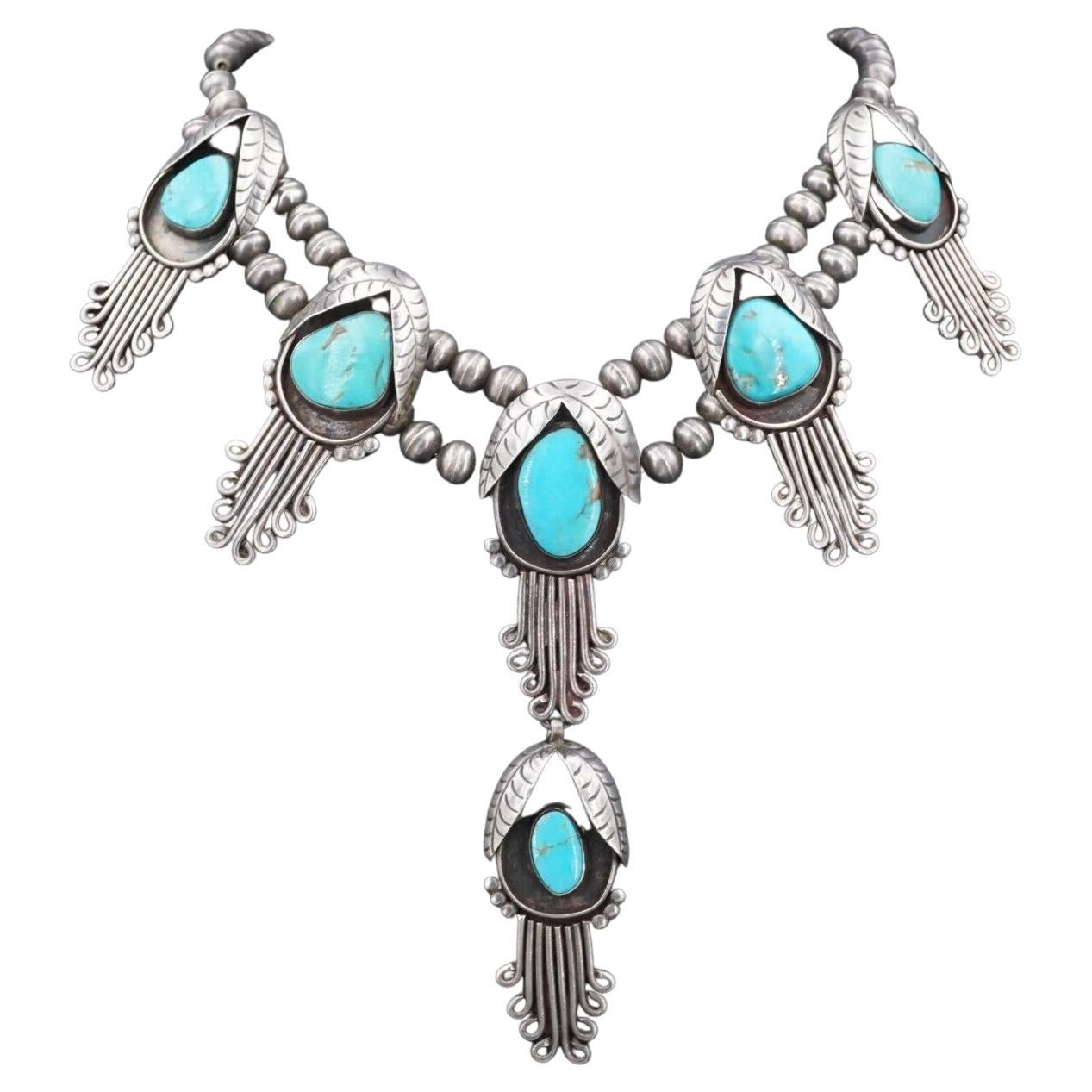 Native American Navajo Sterling Silver Turquoise Vintage Squash Blossom Necklace For Sale