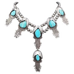 Native American Navajo Sterling Silver Turquoise Vintage Squash Blossom Necklace