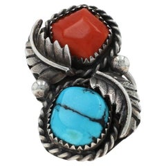 Native American Navajo Turquoise Coral Two-Stone Ring Sterling 925 Feathers SZ 8