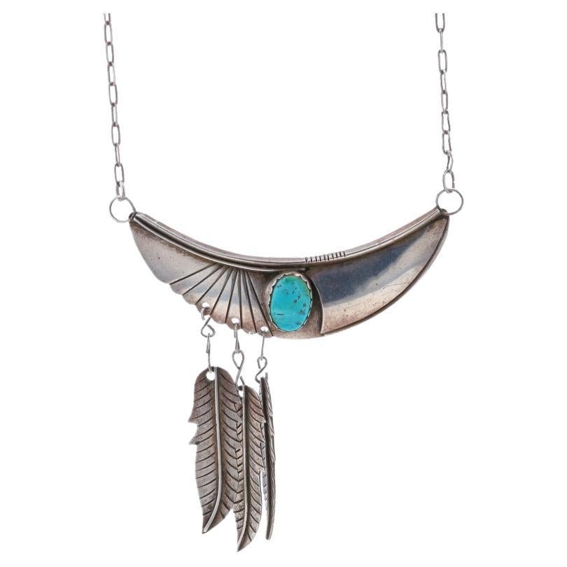 Native American Navajo Turquoise Necklace 18 1/2" Sterling 925 Feathers For Sale
