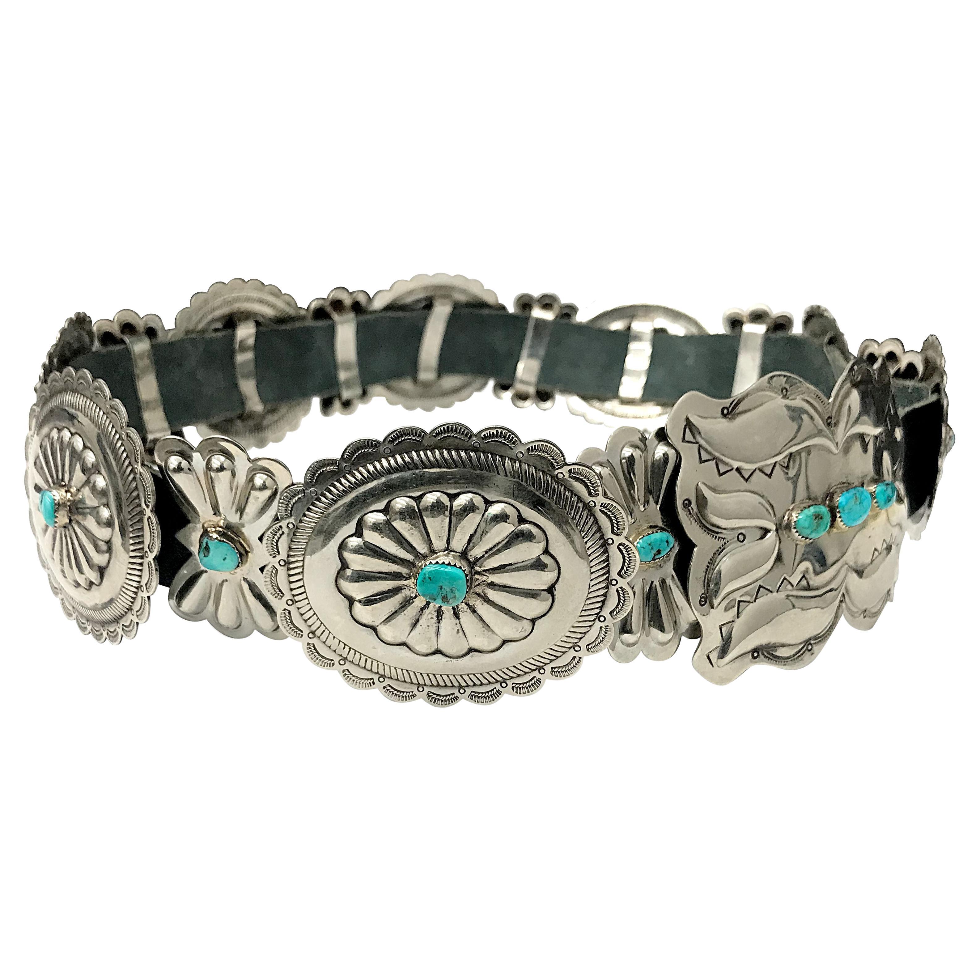 Native American Navajo Turquoise Sterling Silver Stylized Butterfly Concho Belt